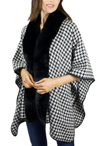 Thick Houndstooth Ruana with Mink Trim - Just Jamie