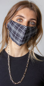 Plaid / Solid Black Face Covering with Gold Chain -2pc pack - Just Jamie
