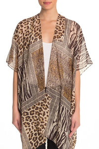 Mixed Media Leopard Print Kimono with Rhinestones - Just Jamie