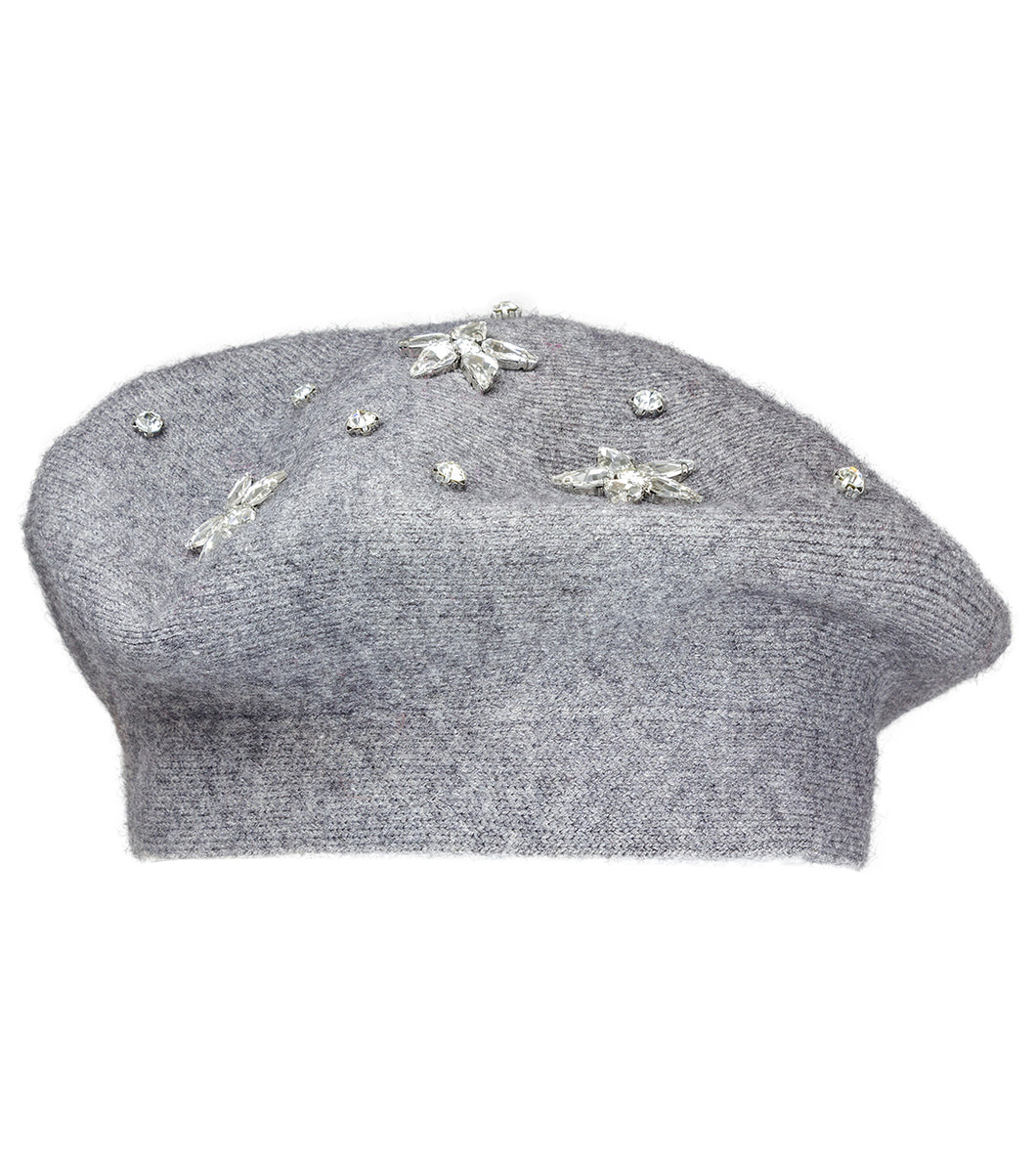 Solid Knit Beret Hat with Rhinestone Floral Embellishment - Just Jamie