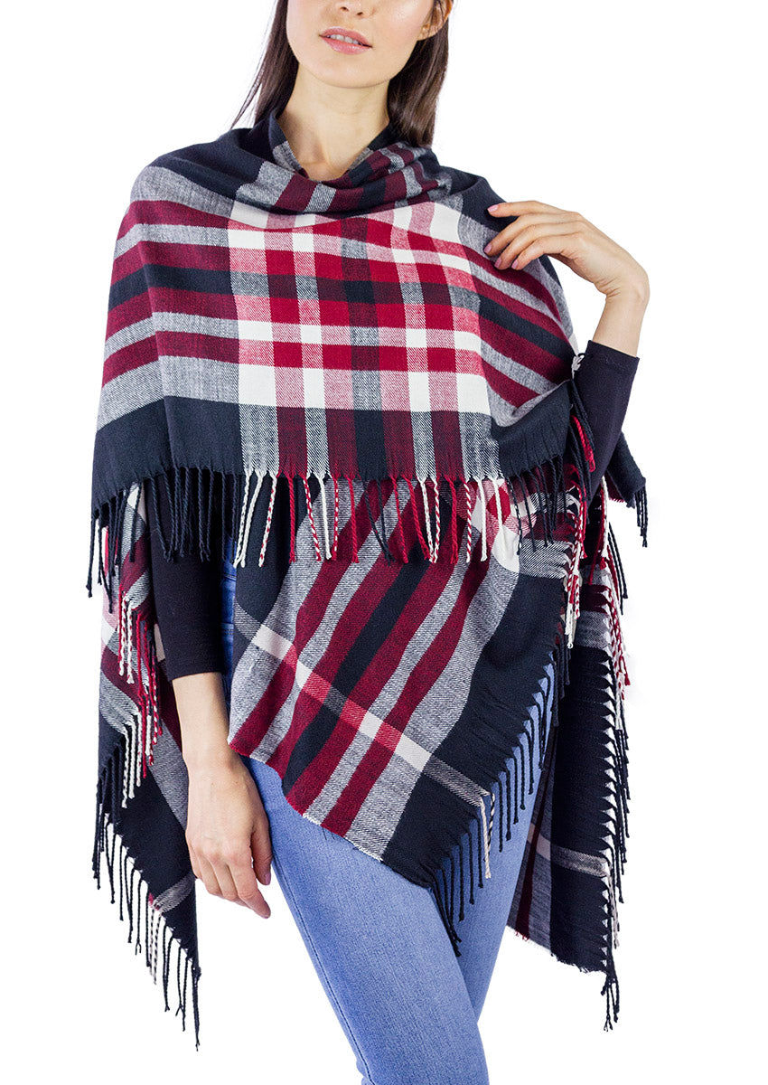 Plaid Supersoft Ruana with Side Fringe - Just Jamie