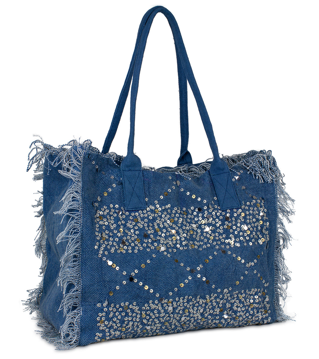 Sequin and Frayed Edge Beach Tote - Just Jamie