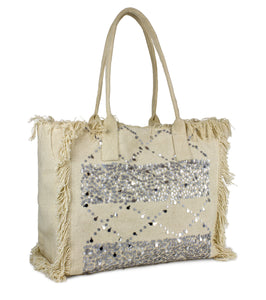 Sequin and Frayed Edge Beach Tote - Just Jamie