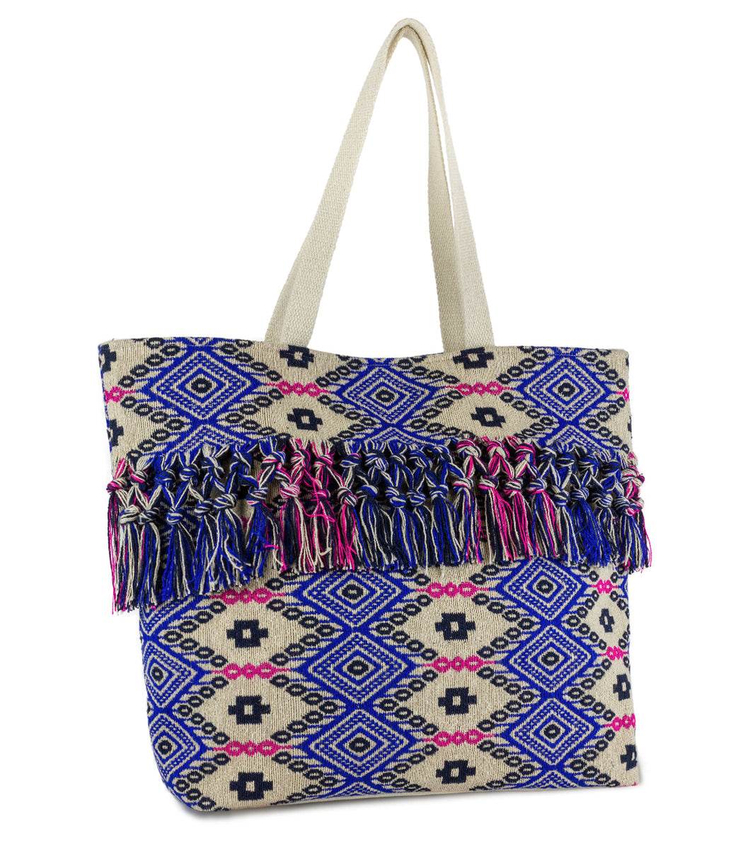 Geometric Aztec Canvas Tote with Frayed Tassels - Just Jamie