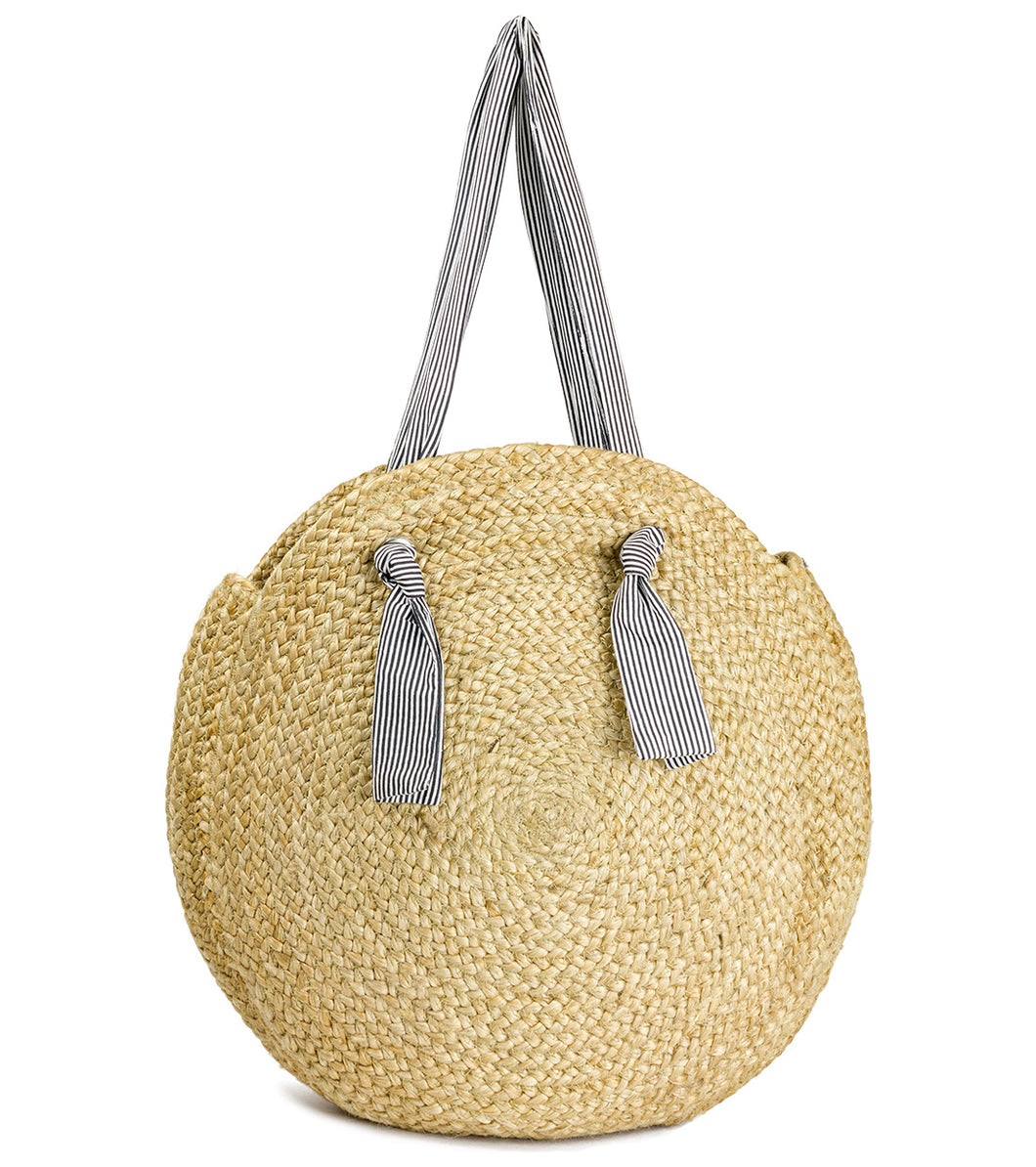 Oversized Circular Jute with Striped Fabric Handle - Just Jamie