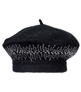 Solid Beret Hat with Rhinestone Embellishment - Just Jamie