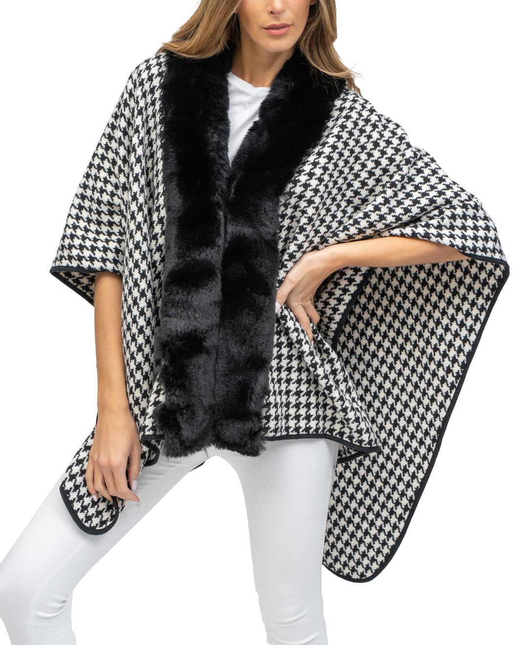 Thick Houndstooth Ruana with Mink Trim - Just Jamie