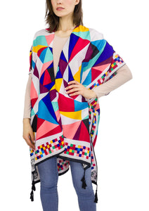 Multicolor Geometric Kimono with Tassels - Just Jamie