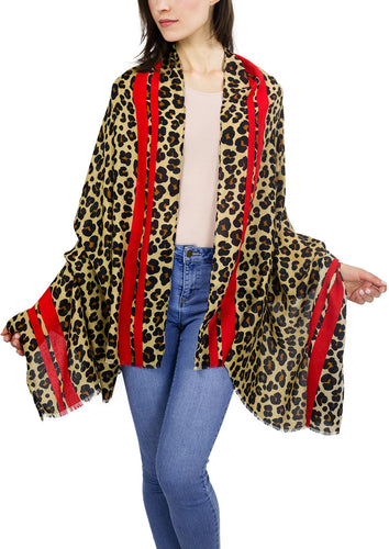 Leopard Shawl with Red Striped Border - Just Jamie