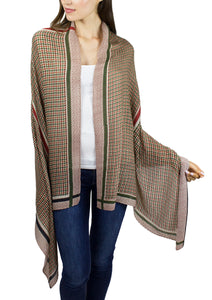 Pleated Oversized Houndstooth Shawl with Stripe Border - Just Jamie